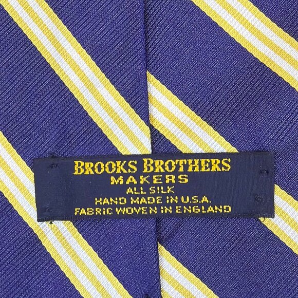 Vintage Brooks Brothers Navy & Yellow All Silk Striped Woven In England - Picture 2 of 7